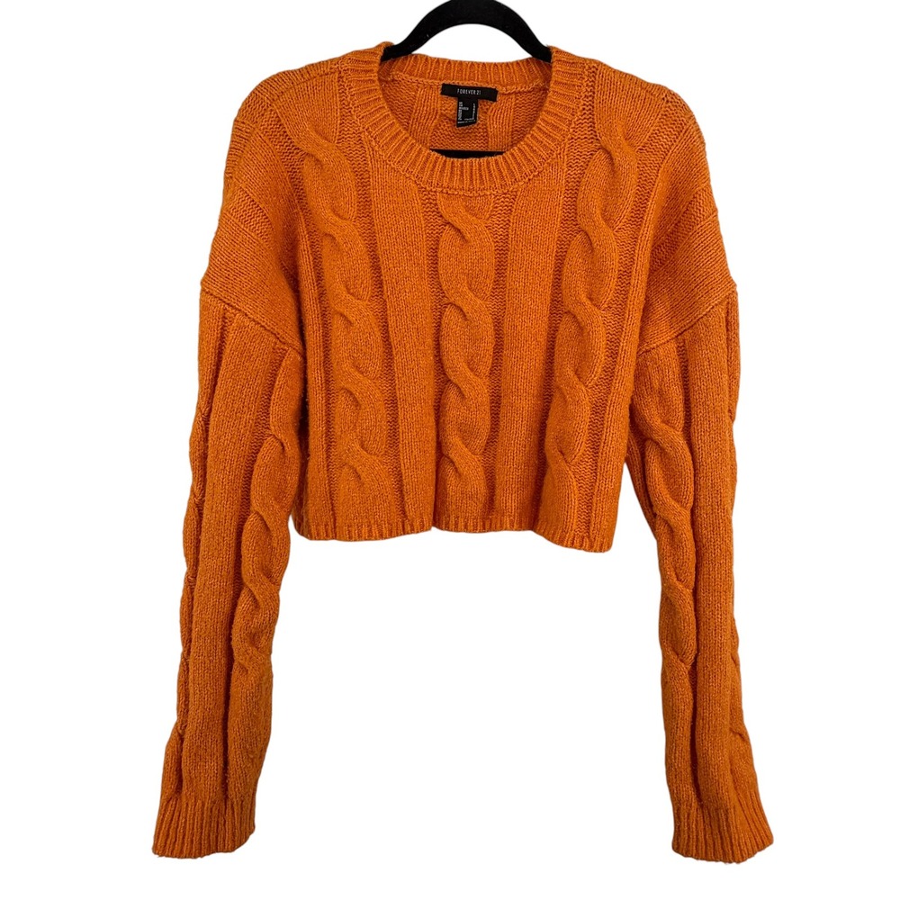 Forever 21 Cable Knit Sweater Womens Large Orange Cropped Crew Neck Casual